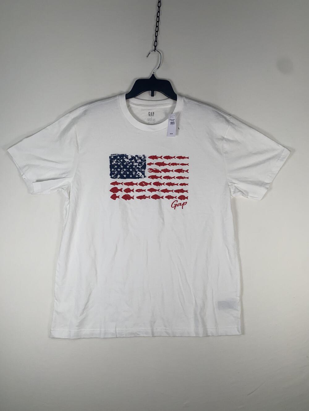 Gap Shirt Mens Large White USA Flag Fish Graphic Tagless Jersey Tee T-Shirt